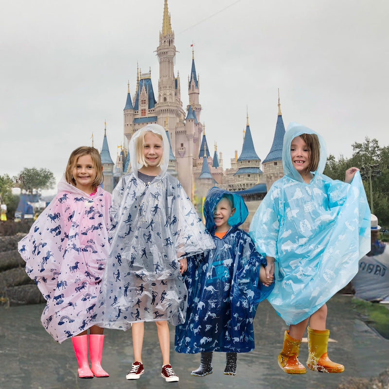 Disposable Rain Ponchos Family Pack (8 pack) - Waterproof Rain Poncho with Hood for Adults and Kids - Travel Rain Poncho Pack for Emergency Storms - Kids Ponchos with Fun Designs