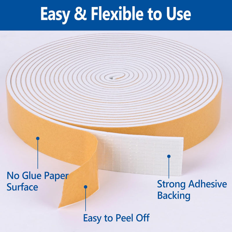 Self Adhesive Foam Tape Weatherstrip 1/2in x 1/4in x 16.5Ft High Density Foam Insulation Strips Foam Seal Weather Stripping with Strong Adhesive for Door and Window Sound Isolation Soundproofing
