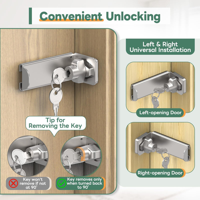 Keyed 90° Right Angle Door Lock, 3.3 Inch Lock Latches for Inward Opening & Sliding Doors, Shed - Security Latch Equipped with Independent Key (Silver, 3.3In with Key-2PCS) Silver