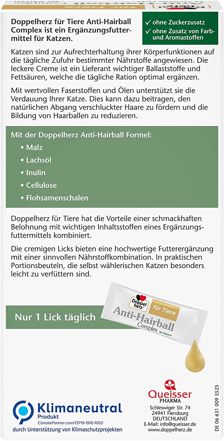 Doppelherz Anti-Hairball Complex for cats - With valuable fibers and oils to support digestion with hairballs - 25 creamy licks - PawsPlanet Australia