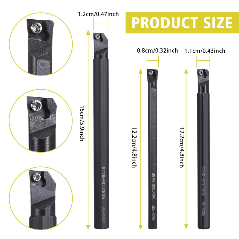 VerRich 13PCS Indexable Lathe Turning Tools Set,3 Pieces Boring Bar S07K-SCLCR06,S10K-SCLCR06,S12M-SCLCR06 Turning Tool Holder with 10pcs CCMT060204 Carbide Inserts 3PCS SCLCR06 Holders+10pcs Inserts