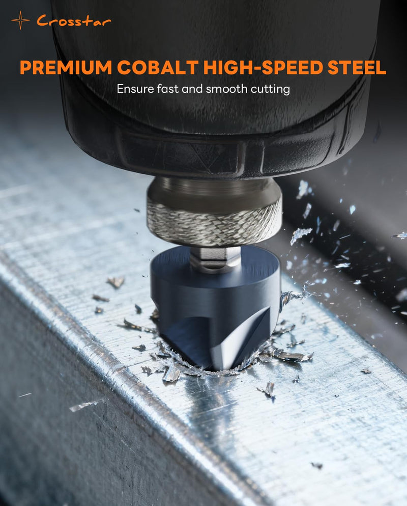 Crosstar Pro Cobalt Countersink Drill Bit Set, Titanium Aluminum Nitride Coated, 1/4" Hex Shank, 6-Piece (1/4" to 3/4") with Center Punch & Quick-Change Adapter for Metal, Stainless Steel