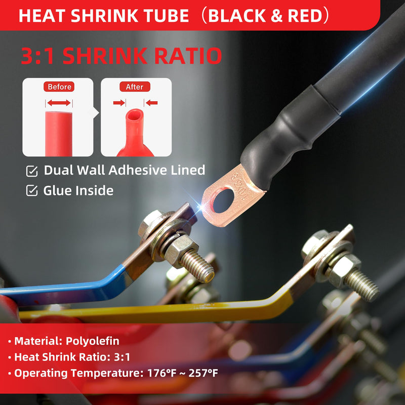 RED WOLF Ring Wire Terminals Copper 4 AWG 3/8" Stud Battery Cable Lugs Copper Connector 10PCS, W/3:1 Heat Shrink Tubing Marine Grade for Electrical Automotive Cable Wire Wrap Connection