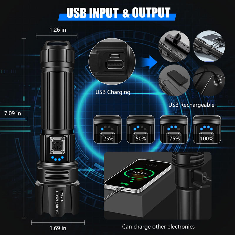 Flashlights High Lumens, Rechargeable Flashlight Led 990000 Lumen XHP70.2, Super Bright Flash Light, High Powered Handheld Flashlights for Emergency Camping Gift, IP67 Waterproof, Adjustable Black