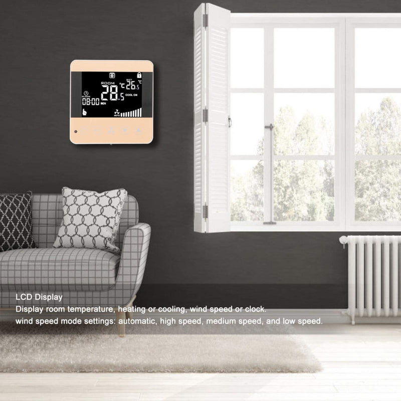 Digital Fan Coil Thermostat for Central AC - Smart Programmable Temperature Controller with LCD Display (5-35°C Range) - 4 Speed Modes, Universal for HVAC Systems (AC200-240V) General Type