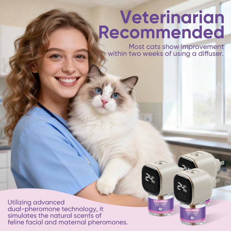 Cat Calming Diffuser Kit with Timer And Memory Adjustable 4/8/12/24H Cat Pheromone Diffuser 3-Pack (48ml Each) Helps Reduce Stress, Spraying, Fighting, Excessive Meowing & Scratching Fits All Cats Beige