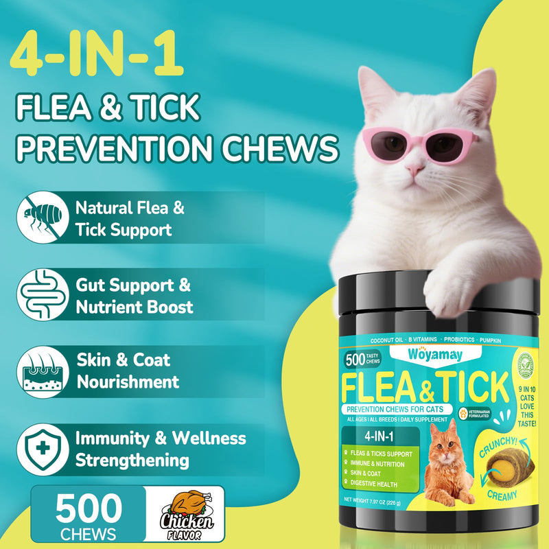Woyamay 4-IN-1 Flea and Tick Prevention for Cats, 500 Crunchy & Creamy Chews, Cat Flea Treatment, Natural Oral Flea Treatment for Cats, Daily Support for Flea, Immune, Skin & Coat, Gut, Chicken Flavor