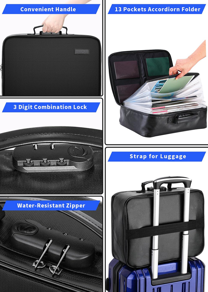 Fireproof Document Box with Lock,Waterproof Document Organizer with Zipper,Heat Insulated Accordion File Organizer,Portable File Box for Important Documents,Files,13 Pockets Luxurious