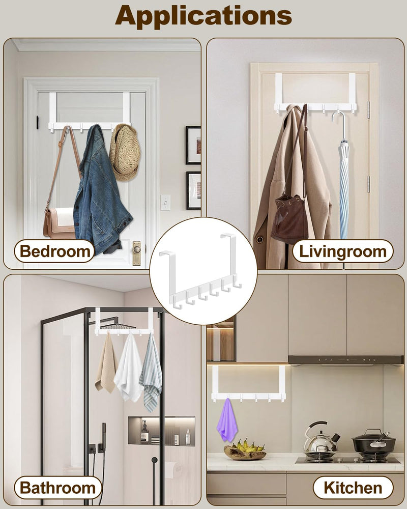Over The Door Hooks, Sturdy Door Hanger, Large Over The Door Towel Rack with 6 Hooks, Heavy Duty Easy to Install, for Bathroom, Bedroom，Kitchen，Hanging Towels, Coats (White). 1 Pack White