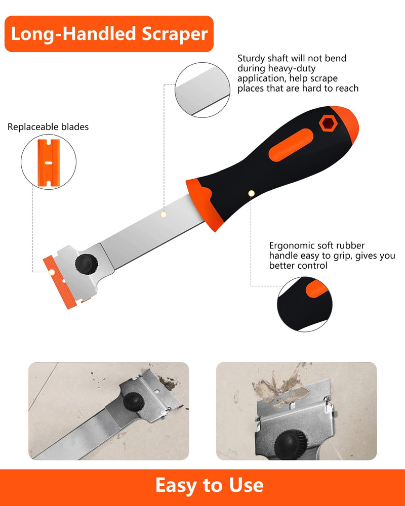 Razor Blade Scraper,Long Handle Razor Scraper Tool for Removing Label, Registration Sticker, Tint, Grease from Windshield, Appliance, Glass (Extra 10 Metal and 10 Plastic Blades) Orange