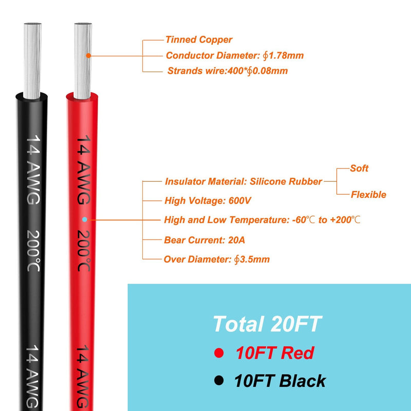 Electrical Wire 14 AWG 14 Gauge Silicone Wire Hook Up Wire Cable 20 Feet [10 ft Black and 10 ft Red] Soft and Flexible 400 Strands 0.08 mm of Tinned Copper Wire High Temperature Resistance (14AWG) 2 Colors each 10FT 14AWG