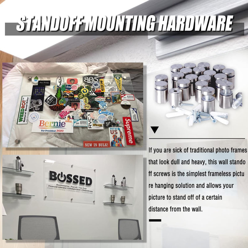 Standoff Screws for Wall Mount, 20 Pcs 3/4 x 1 in Stainless Steel Mounting Hardware, for Hanging Acrylic Picture Frame and Sign Standoffs Acrylic Screws