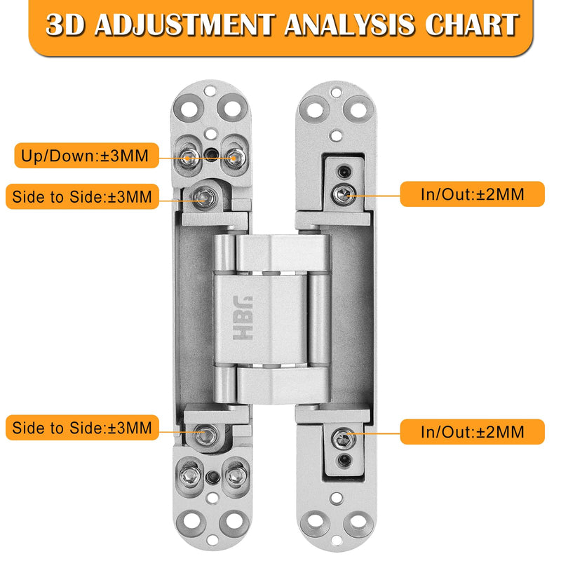 HBL' 2 Pack Hidden Door Hinges, 6 Inch Silver Heavy Duty Hidden Hinges for Secret Doors, 3-Way Adjustable to Bulid Conceal Bookcase Door 6" Length