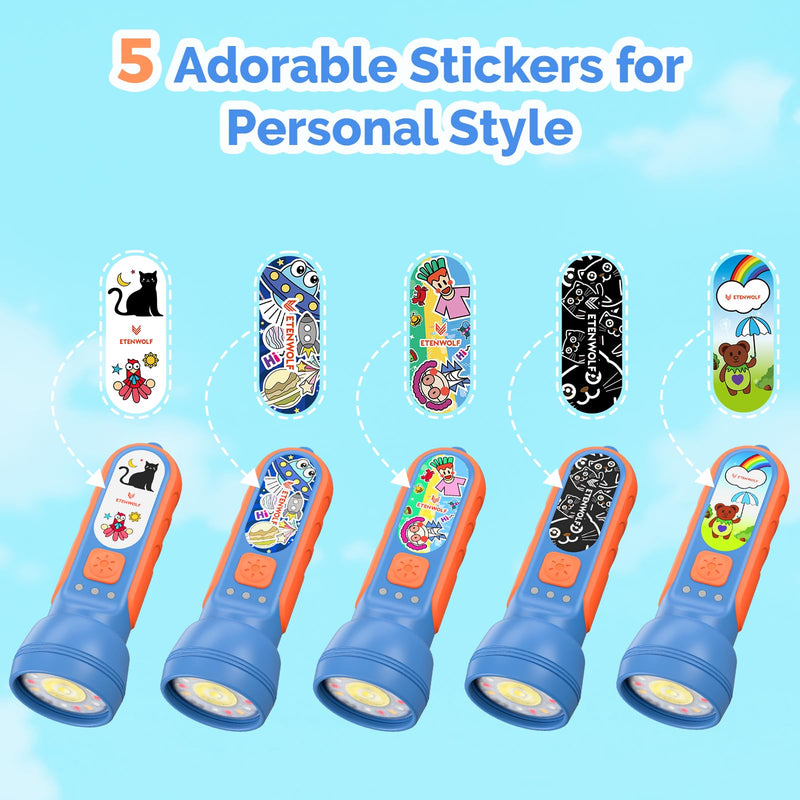 ETENWOLF L1 Rechargeable Flashlight for Kids(2-Pack),LED Flashlight with Fun DIY Stickers, 6 Light Modes, Adjustable Brightness, 1500mAh, IPX5 Waterproof Flashlight for Camping, Home & Emergency 2