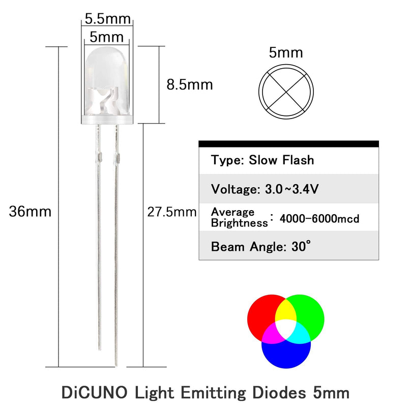 DiCUNO 100pcs 5mm RGB Multicolor Slow Flashing LED Diode, Multi-Color Blinking Changing Light Emitting Diodes, 2 Pins Clear Round Lens Diffused Flicker Electronic Components Circuit Lights Kit Slow Flash