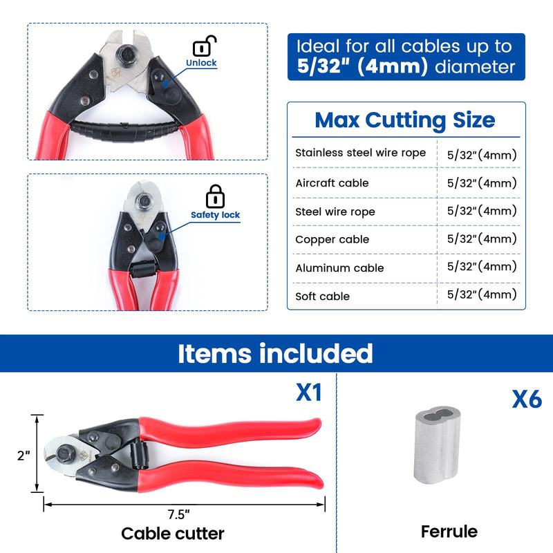 Muzata Cable Cutter Wire Rope Cutter Heavy Duty Stainless Steel Aircraft 1/8" 5/32" for Deck Railing Bike Housing Metal Fence CR12 1PACK