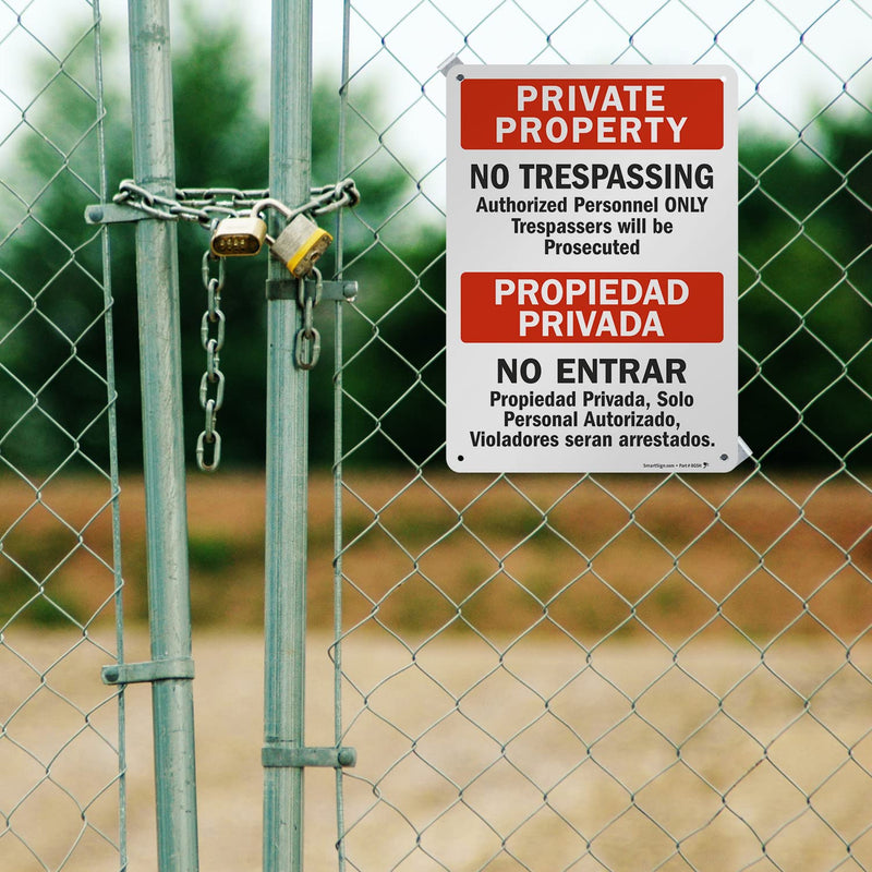 SmartSign "Private Property - No Trespassing" Bilingual Sign | 10" x 14" Aluminum 14" x 10"