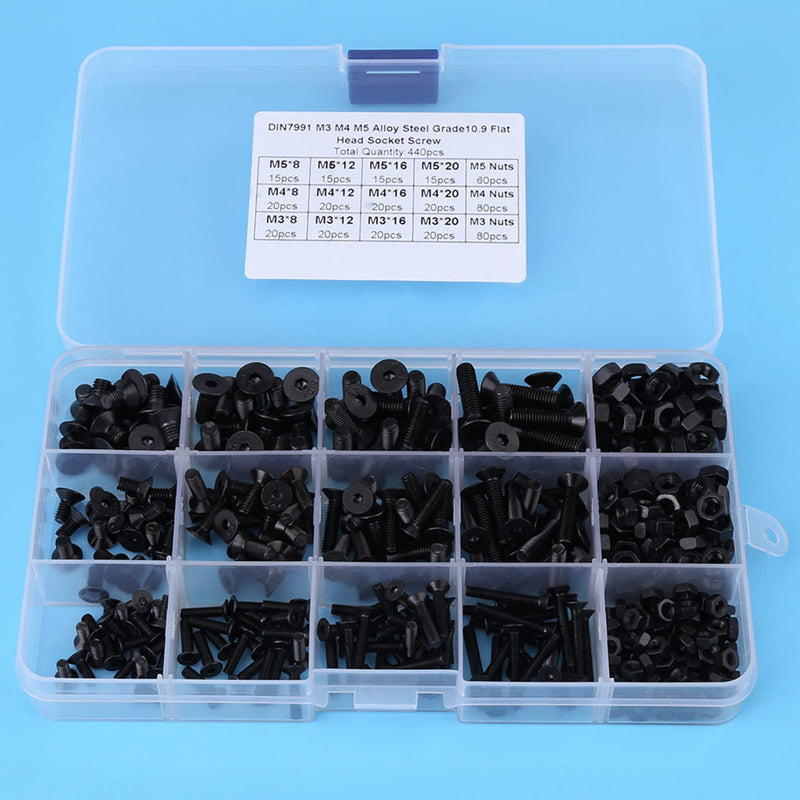 440Pcs Flat Head Bolt M3 M4 M5 Screws Alloy Steel Hex Socket Flat Head Screw Bolts and Nuts Kit with Plastic Case Black