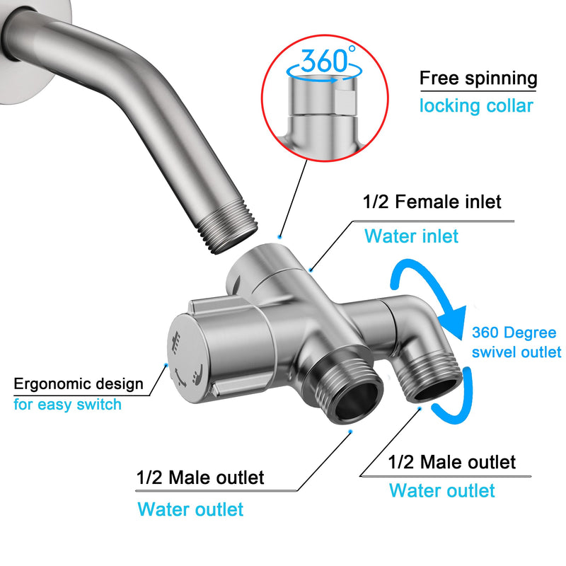 3-Way Shower Diverter Valve, 1 Inlet for 2 Outlets - Solid Metal Divider Allows Switching Between Fixed & Handheld Showerheads, G1/2 Universal Fit, (Brushed Nickel) Brushed Nickel