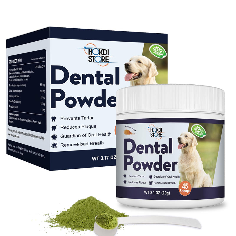 Dog Breath Freshener Dental Powder–Teeth Cleaning Powder for Dogs with Probiotics & Herbs–Plaque & Tartar Remover, Fresh Breath Remedy & Oral Care-Chicken Flavor-45 Scoops (Pack of 1)