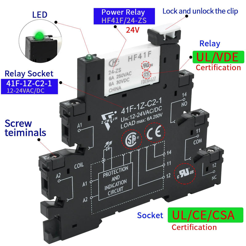 3Pcs Electromechanical Relay Black Miniature Power Relay 24VDC and 24VAC HF41F/24-ZS 6Amp SPDT with LED Light, DIN Rail, Ultra Small and Thin Socket Black Screw Socket C2 3