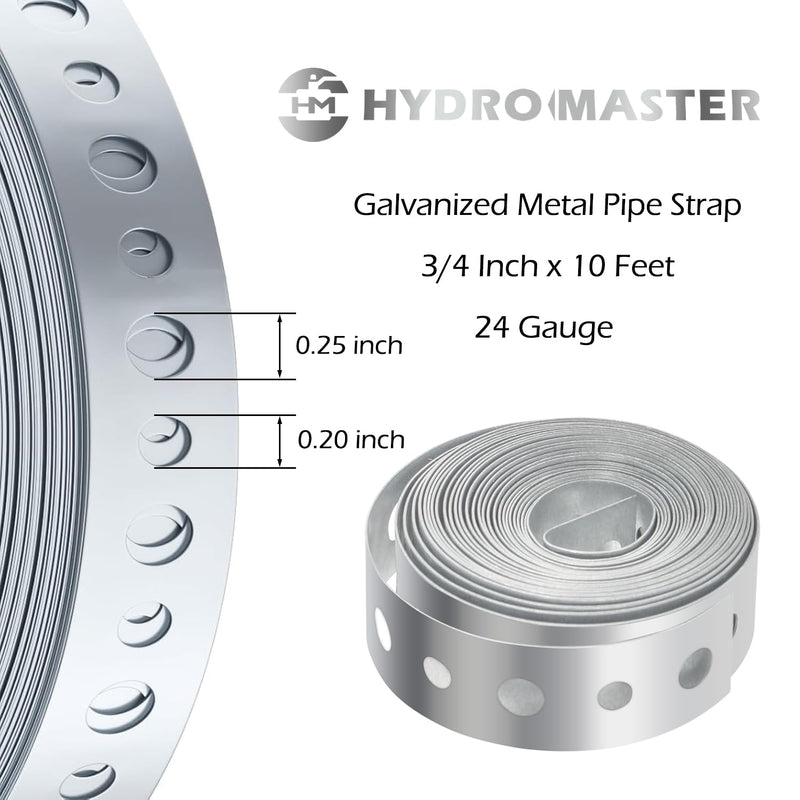 HYDRO MASTER Galvanized Metal Pipe Strap, 3/4 Inch x 10 Feet, 24 Gauge, for Pipe Support, Hanging and Flexible Trimming with Holes