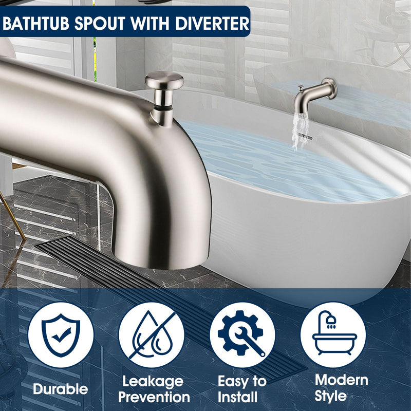 Slip-On Tub Spout with Diverter Long for Bathtub Spout, Fit for 1/2 Inch Slip Pipe, Brushed Nickel