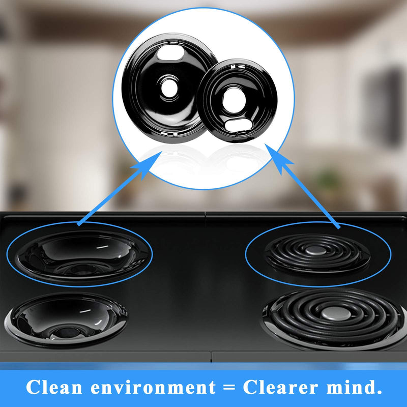 W10290350 W10290353 Burner Porcelain Drip Pans Set Replacement by APPLIANCEMATES Fits whirlpool Electric Range Stove Top Drip Bowls 4-Pack Includes 1 Large 8-Inch and 3 Small 6-Inch (Black)
