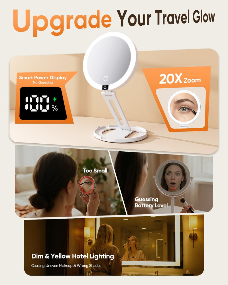 Travel Makeup Mirror with Lights (Gen 3) - 20X/1X Dual Sided Magnifying Mirror with Digital Power Display - Rechargeable, 3 Color Dimmable, CRI 95+ - Portable Folding Design White