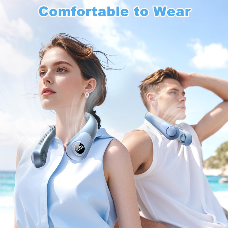 Portable Neck Fan that Blow Cold Air, LED Display, Rechargeable Hands-Free Wearable Cooling Personal Fan, 5 Speed, Neck Support, Bladeless Neck Air Conditioner, Gifts for Women/Men, Hot Flashes Light Blue