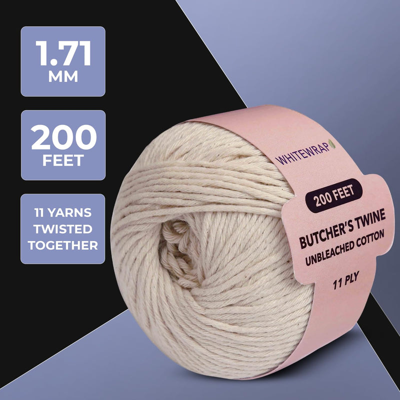 Twine String for Valentines Day| Butchers Twine for Turkey Trussing|1.2mm Kitchen Twine for Meat Cooking and Food Oven Safe|1 piece x 200 Feet| Twine for Crafts|Bakers Twine|Wired Heavy Natural Cotton 11 PLY- 200 FEET- Pack of 1