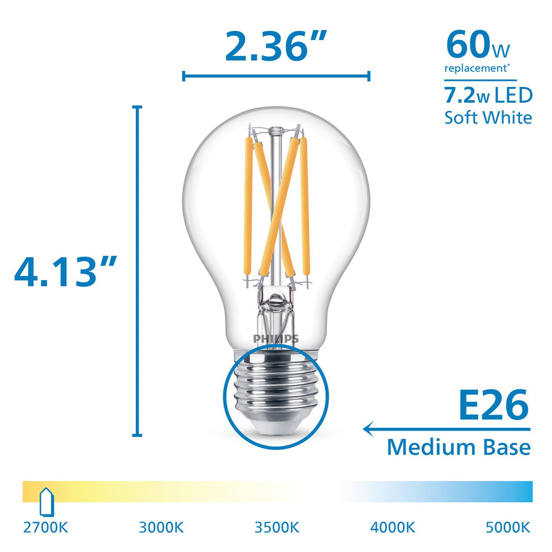 PHILIPS LED 60W A19 3-Pack Dusk to Dawn Soft White (2700K) 800 Lumen (7.2W = 60W) Clear Flicker-Free Light Bulbs 3 Pack