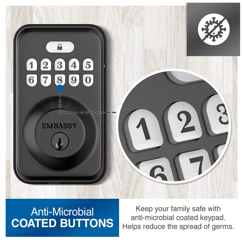 Embassy Door Lock Electronic Keyless Entry with Antimicrobial Illuminated Keypad Security Deadbolt Lock 20 User Codes Auto and 1-Button Locking Front Door Garage or Office (US10b) Oil Rubbed Bronze