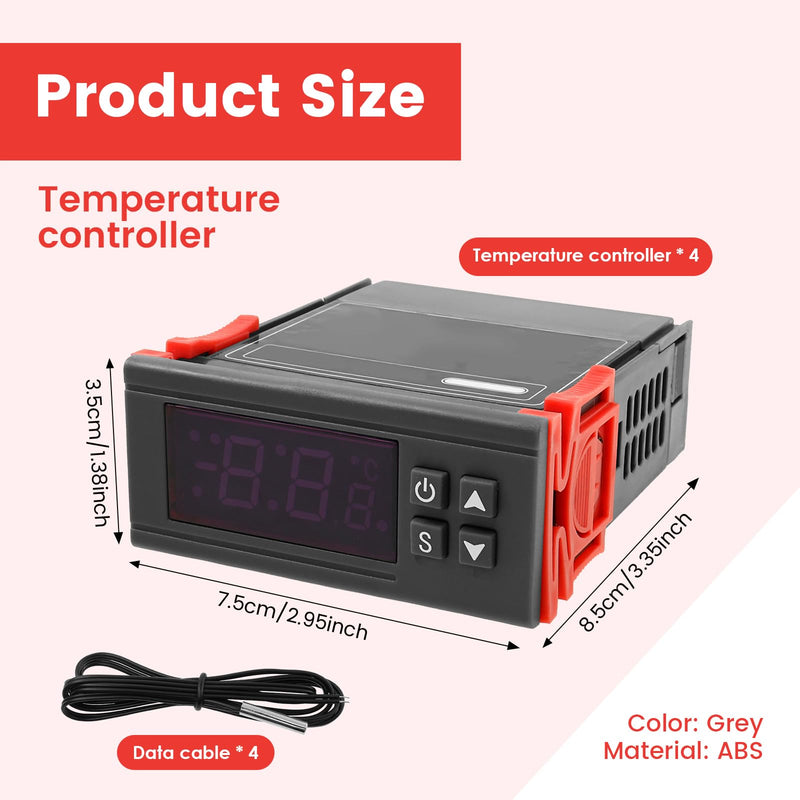 4PCS STC-1000 Digital Temperature Controller Thermostat with NTC Waterproof Sensor Probe – Dual Relay Heating & Cooling Control, ℃/℉ Display, AC 110V–220V 10A for Incubator Fridge 3D Printer Aquarium Grey