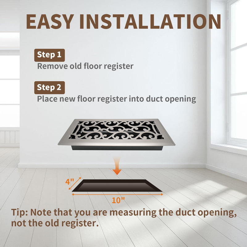 4x10 Inches Air Floor Vents Register Ease Adjust Air Flow Savannah Design-Heavy Duty Walkable Steel Decorative Floor Vent for Room- Satin Nickel Floor Vent Covers 4x10 Inches