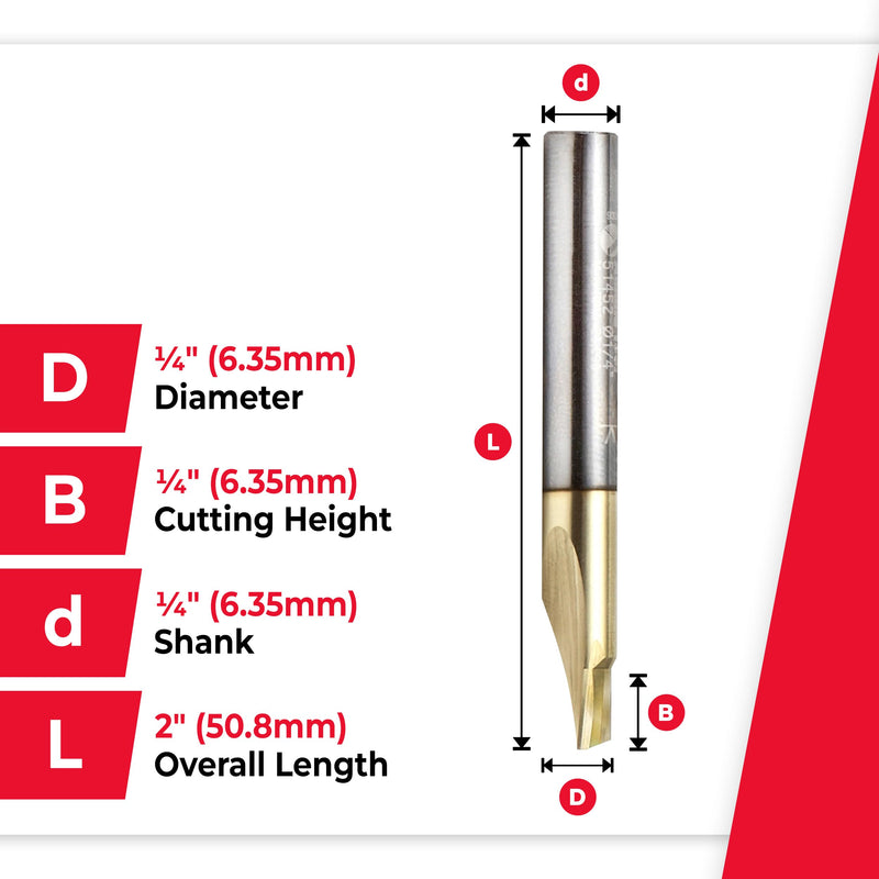 Amana Tool Solid Carbide Soft Aluminum Cutting Up-Cut (Up Shear) Router Bit, ZrN Coated, 51452, 1/4 D x 1/4 CH x 1/4 SHK x 2 Inch Long x 1 Flute