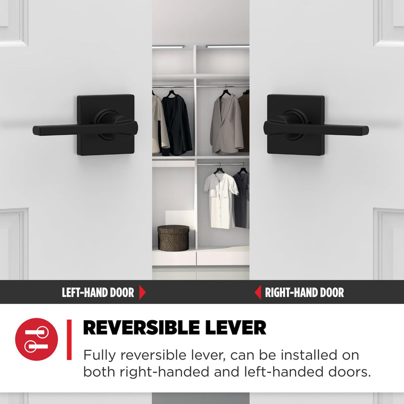Kwikset Casey Interior Passage Door Handle, Lever For Closet and Hallway Doors, Reversible Non-Locking Handle Lever, Matte Black , with Microban Protection 1 Pack