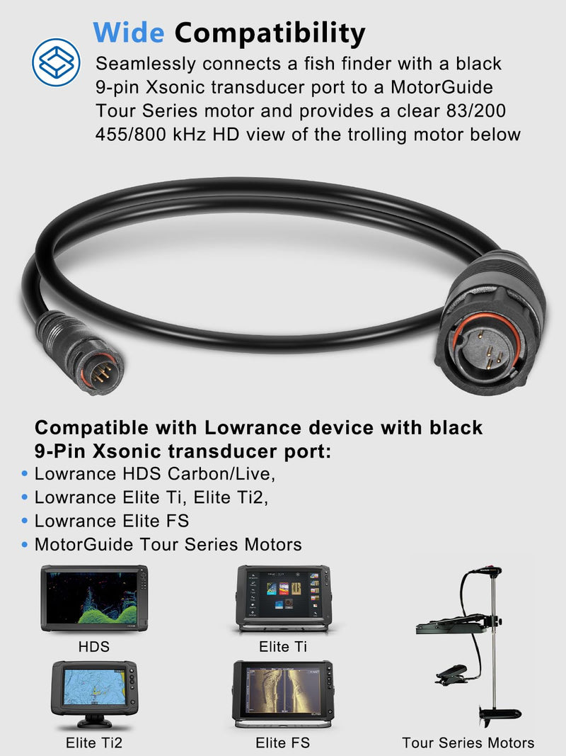 Replacement for 8M4004174 Sonar Adapter Cable - 9 Pin HD+, Compatible with Lowrance HDS Carbon/Live, Elite Ti, Ti2, FS Units with Black 9-Pin Xsonic Transducer Port