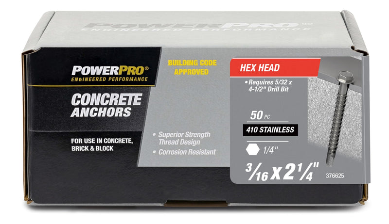Power Pro Concrete Screw Anchors #410 Stainless Hex Washer (3/16" x 2-1/4") 50-Piece