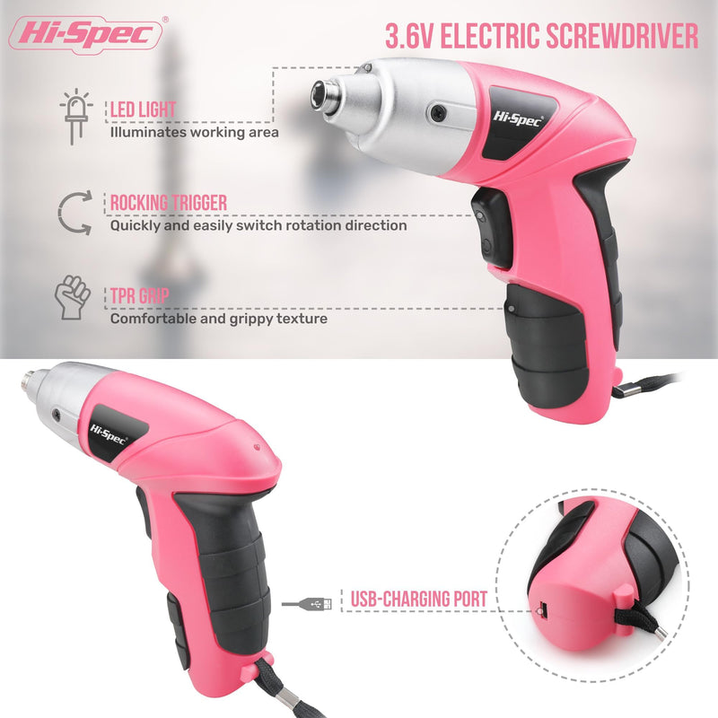 Hi-Spec Electric Screwdriver 27pc 3.6V Pink USB Small Power Screwdriver Set. Cordless Screwdriver & Rechargeable Screwdriver with Driver Bit Set