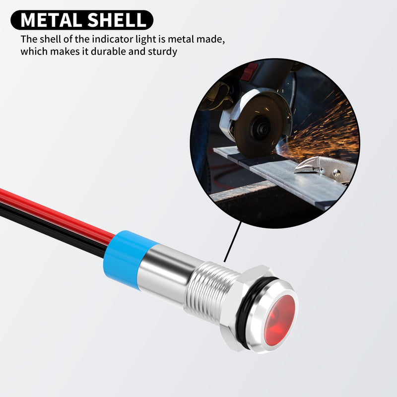 DaierTek LED Indicator Light 12V Red LED 6MM Metal Waterproof 12 Volt Indicator Light 1/4" Flat Head Pilot Light Panel Mount with Wire for Automotive Car -10Pcs 10pcs