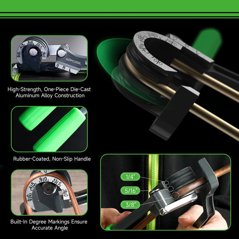 WIPCOOL 3-in-1 Compact Tube Bender, 0–180° Copper Tubing Bender for 1/4", 5/16", 3/8" O.D., Manual HVAC Bender Tool for Air Conditioning & Refrigeration Tight Spaces Compact Small Tubing (1/4"–3/8")