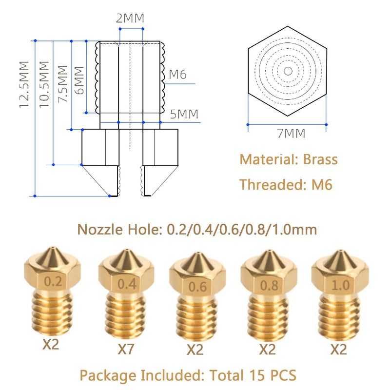 15PCS Brass Nozzles Kit for Anycubic Kobra, 3D Printer 7PCS 0.4mm Nozzles and 2PCS 0.2mm, 0.6mm, 0.8mm, 1.0mm Brass Nozzles Kit for Anycubic Mega, Mega X, Chrion, Kobra, Kobra Neo Mega Brass Multi Size