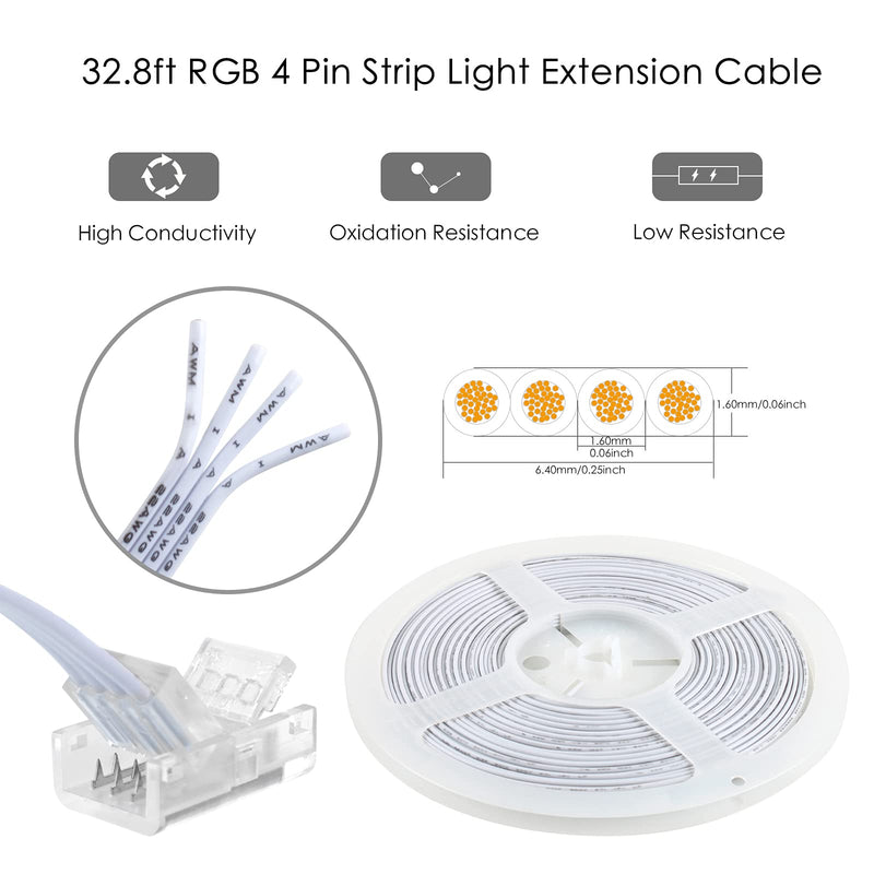 RGBZONE 𝟰 𝗣𝗶𝗻 𝟭𝟬𝗺𝗺 𝗟𝗘𝗗 𝗦𝘁𝗿𝗶𝗽 𝗖𝗼𝗻𝗻𝗲𝗰𝘁𝗼𝗿 𝗞𝗶𝘁 32.8ft 4 Pin RGB Extension Wire and 5 Pcs 4 Pin LED Strip to Wire Connectors for 10mm IP20/IP65 5050 3528 SMD RGB LED Strip Light 4pin 10mm kit