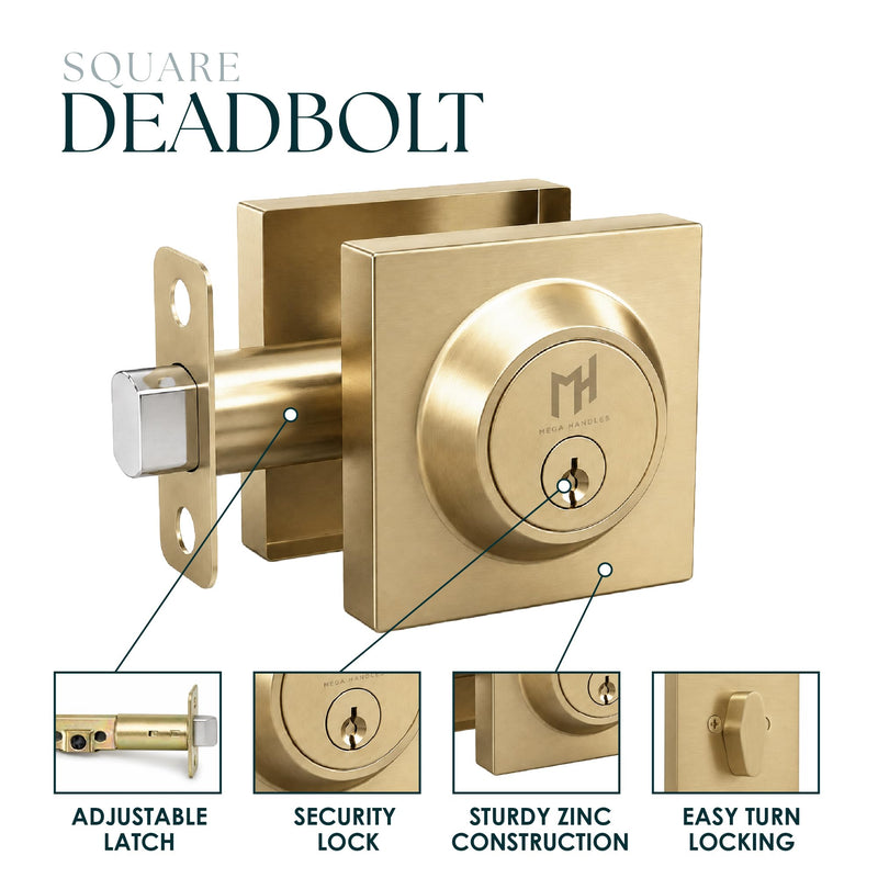 Mega Handles - Glamor I Entry Deadbolt Lock - Heavy Duty Round Locking for Left or Right-Handed Doors - Interior/Exterior - Satin Brass 1