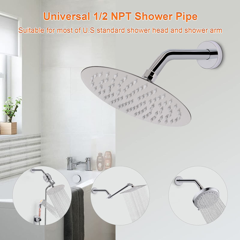 HarJue Shower Arm with Flange and Teflon Tape, Wall Mounted Shower Pipe Arm 304 Stainless Steel Extension Arm for Fixed Shower Head & Handheld Showerhead (6 Inch, Chrome) 6 Inch