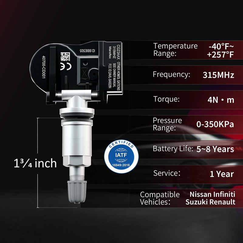 Marsflex TPMS Sensor Fit for Infiniti FX G M Q45 QX4 QX56, for Nissan 350Z Frontier Murano Pathfinder, Tire Pressure Monitoring System OE: 40700CD001, 40700JA01B, 40700CK001, 40700CK002 315MHZ 4PCS