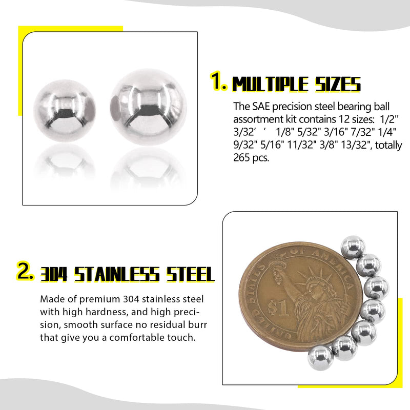 265 Pcs 12 Sizes Precision Chrome Steel Bearing Ball Assortment Kit with Storage Box 1/2'' 3/32’’ 1/8" 5/32" 3/16" 7/32" 1/4" 9/32" 5/16" 11/32" 3/8" 13/32" SAE 265