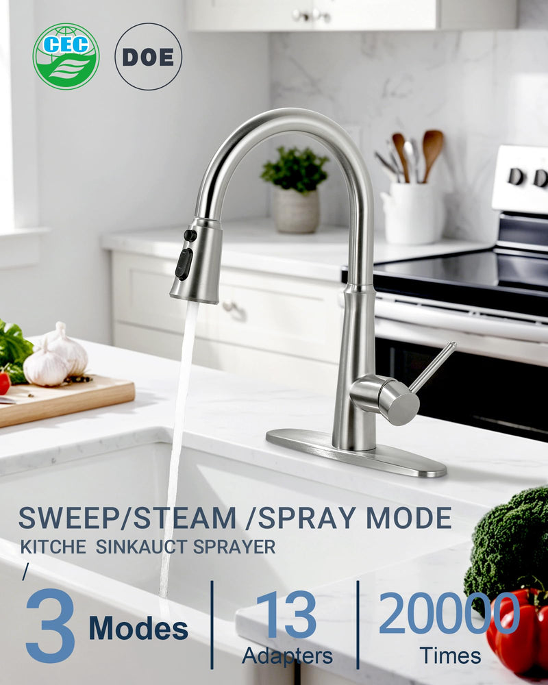 WOWOW Kitchen Faucet Head Replacement – 304 Stainless Steel 3-Mode Pull Down Spray Head with 13 Adapters, Compatible with Moen Delta Kohler American Standard, Easy DIY Install, Brushed Nickel