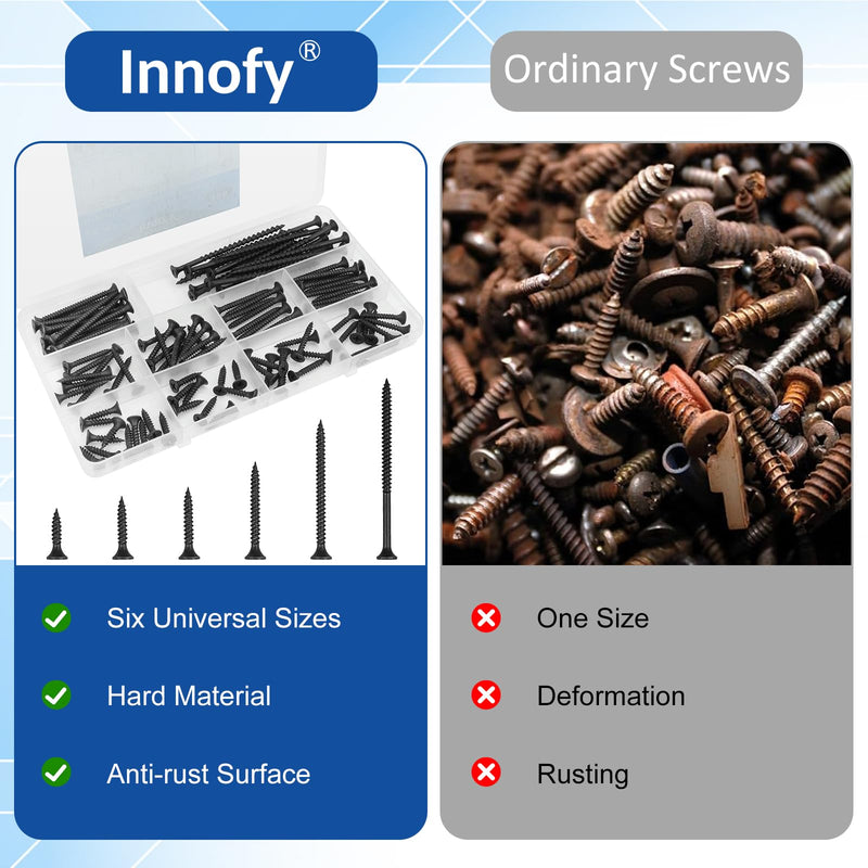 Drywall Screws Assortment Kit, Wood Screws for Drywall,108 PCS Coarse Thread, Phillips Drive Screws Set, Self Tapping Dry Wall Screws Assortment, 6 Sizes(3”,2”,1-1/2”,1-1/4”,1”,3/4”) (Black) Black